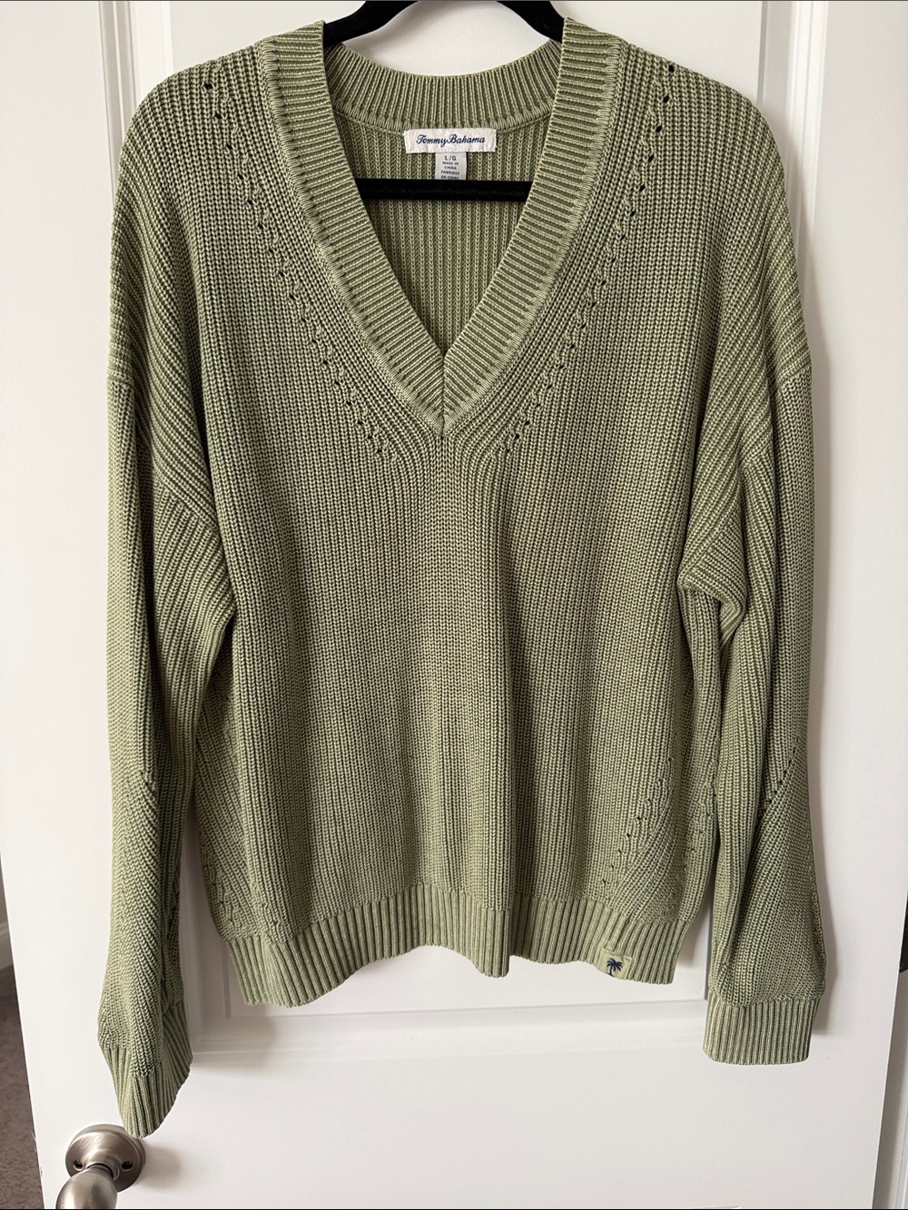 Tommy Bahama Salt & Sea Wash V-Neck Sweater Indigo Palms Green Cotton Womens  Lg